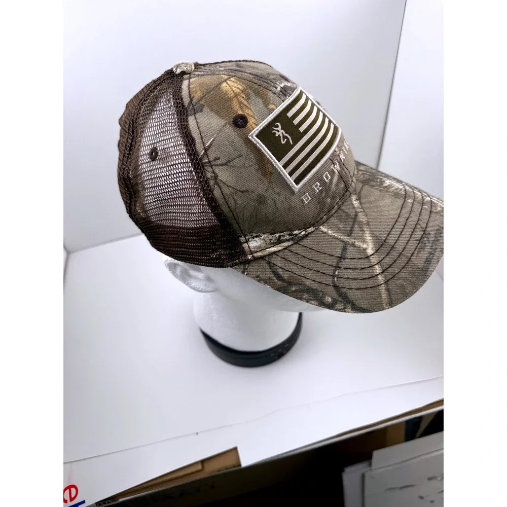 Browning Camo Trucker Hat Mens Realtree Edge American Flag Patch Snapback Cap - Picture 6 of 12
